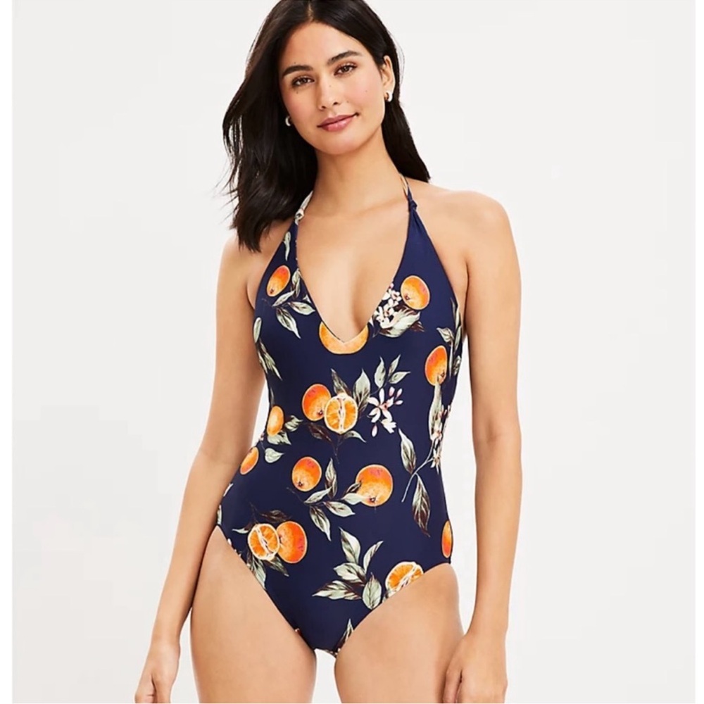 NWT LOFT Beach Orange Harvest Plunge One Piece Swimsuit Size S